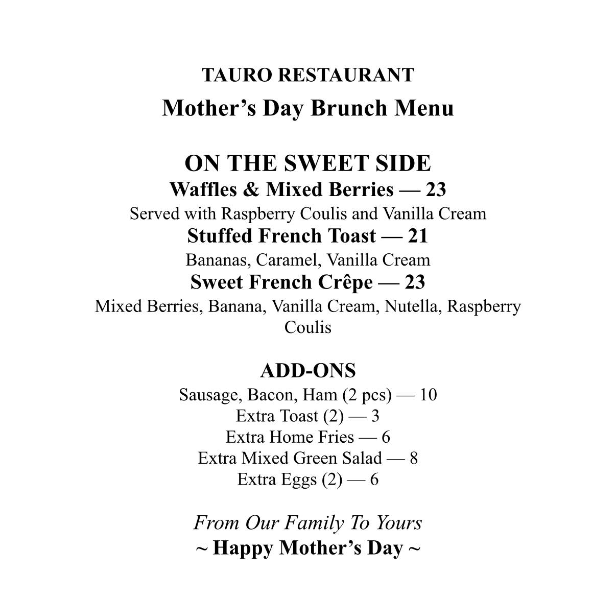 Tauro Restaurant Menu