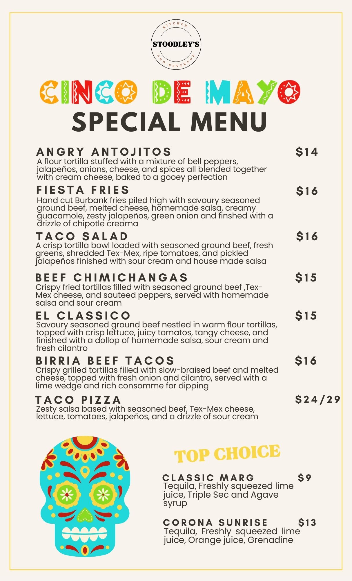 Stoodley's Kitchen and Beverage Menu