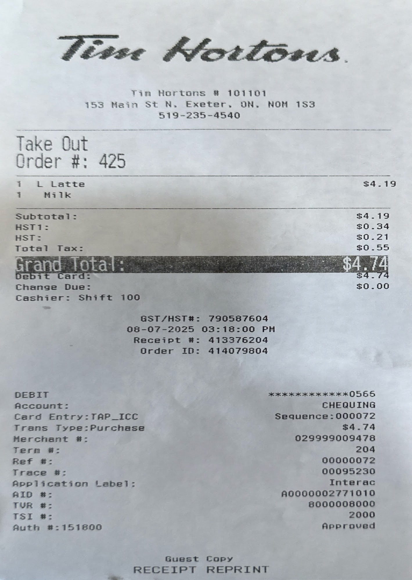 Tim Hortons Menu