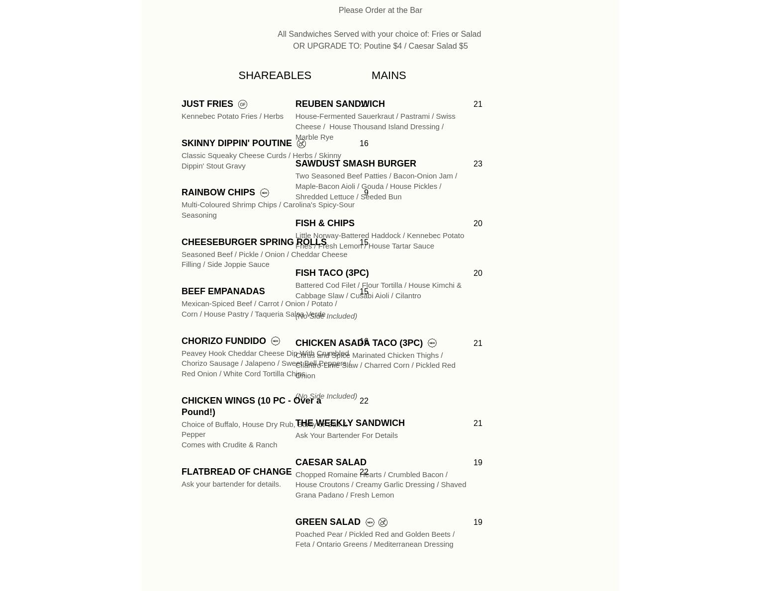 Sawdust City Brewing Co. Menu