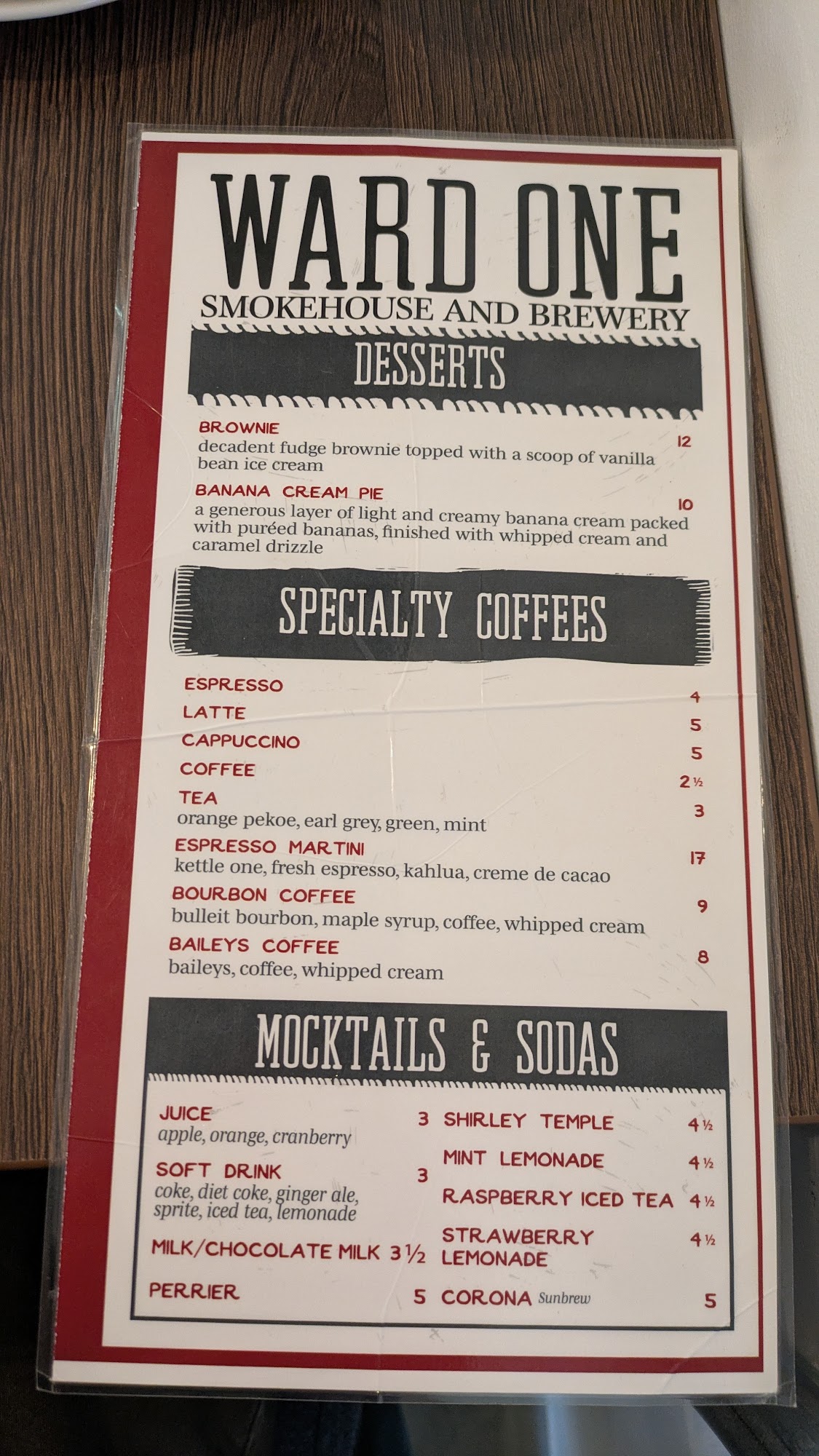 Ward 1 Brewing Co. Menu