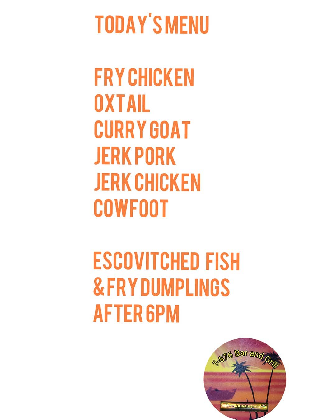 1-876 Bar & Grill Menu