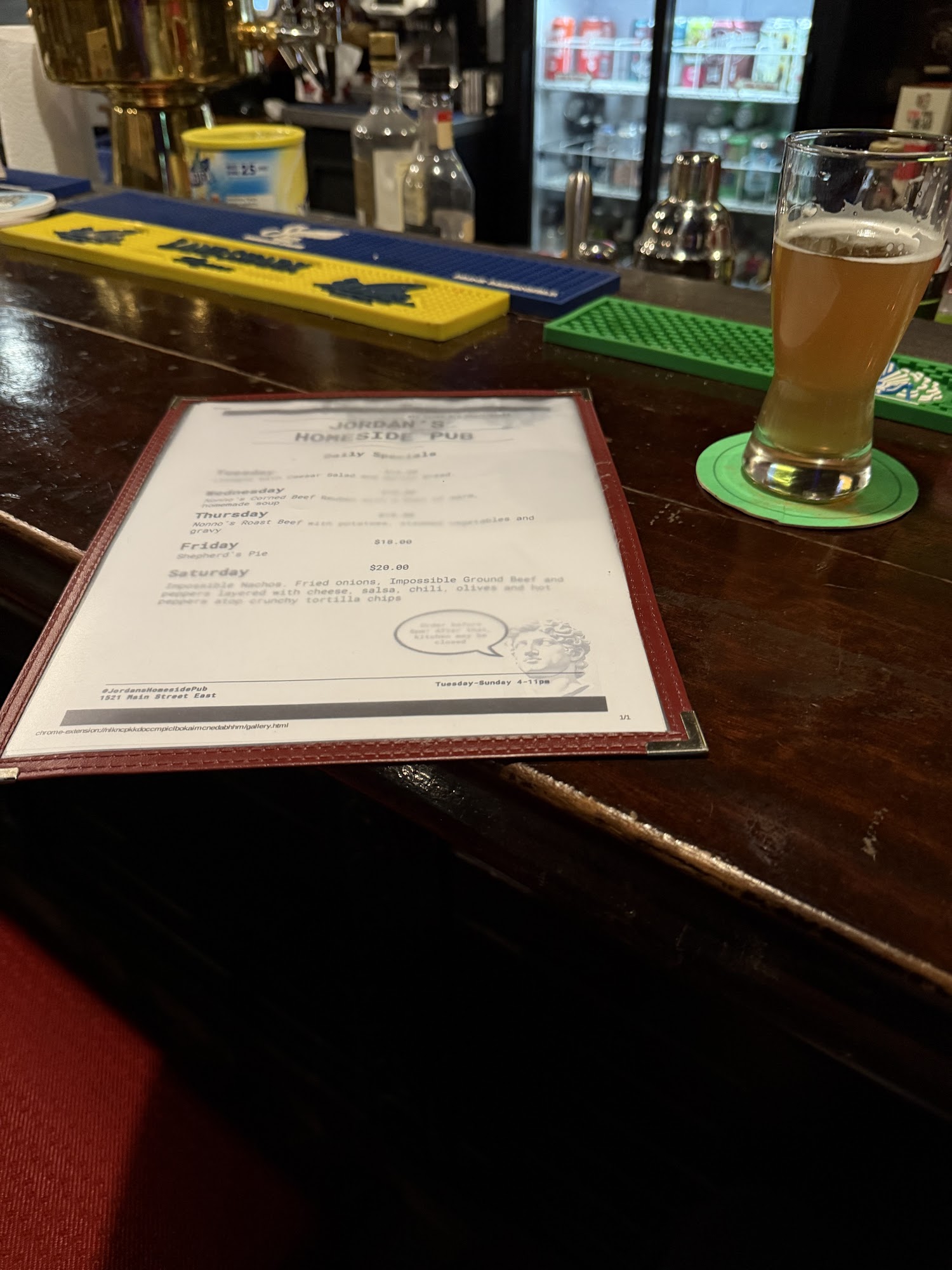 Jordan’s Homeside Pub Menu