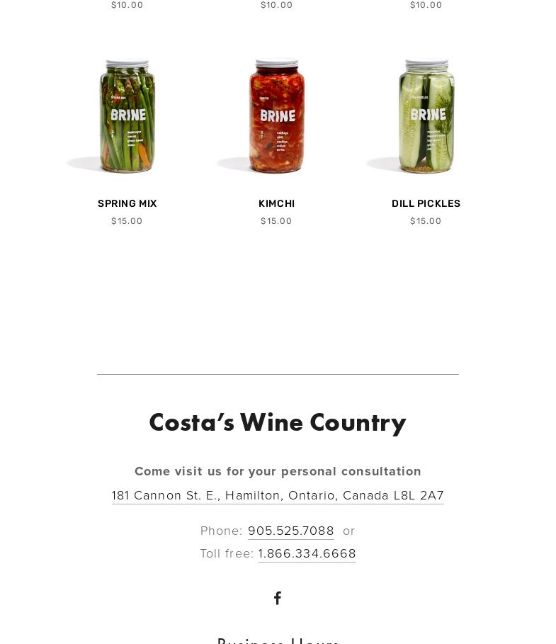 Costa's Wine Country Inc. Menu