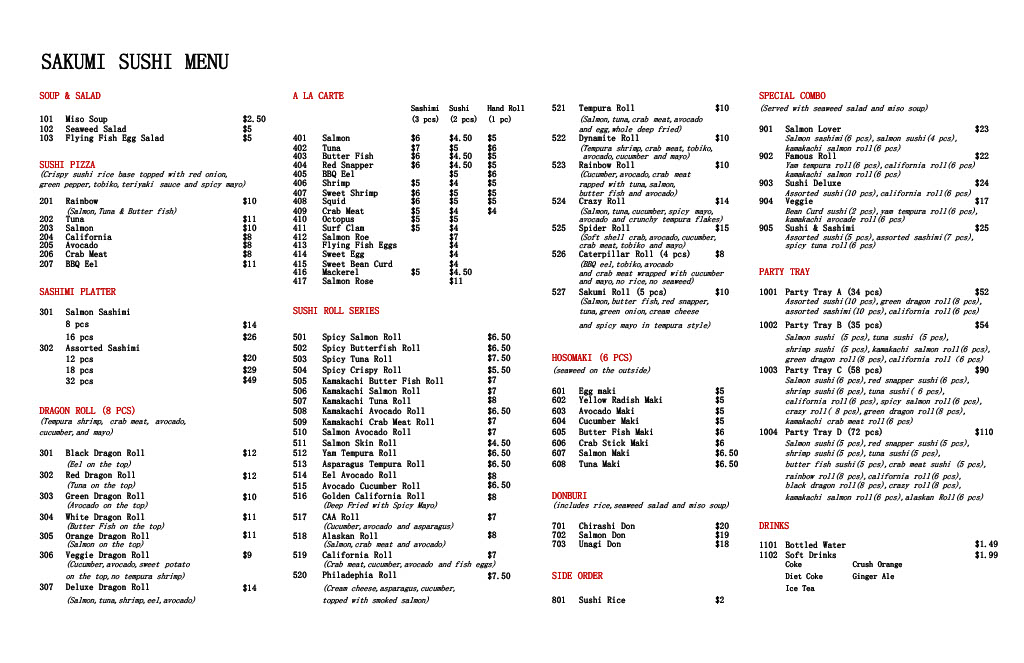 Sakumi Sushi Menu