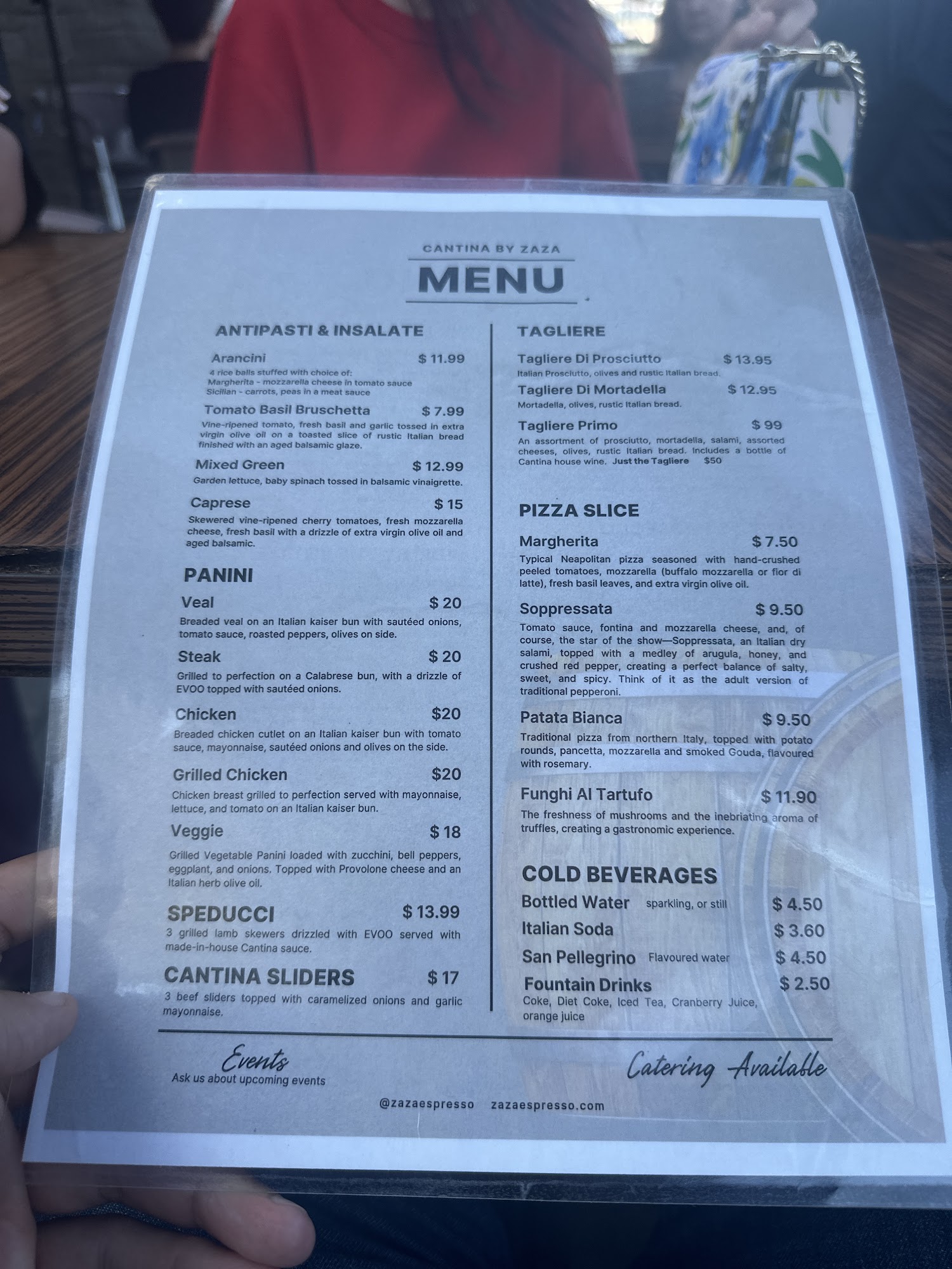 ZAZA Espresso Bar and Gelato Menu