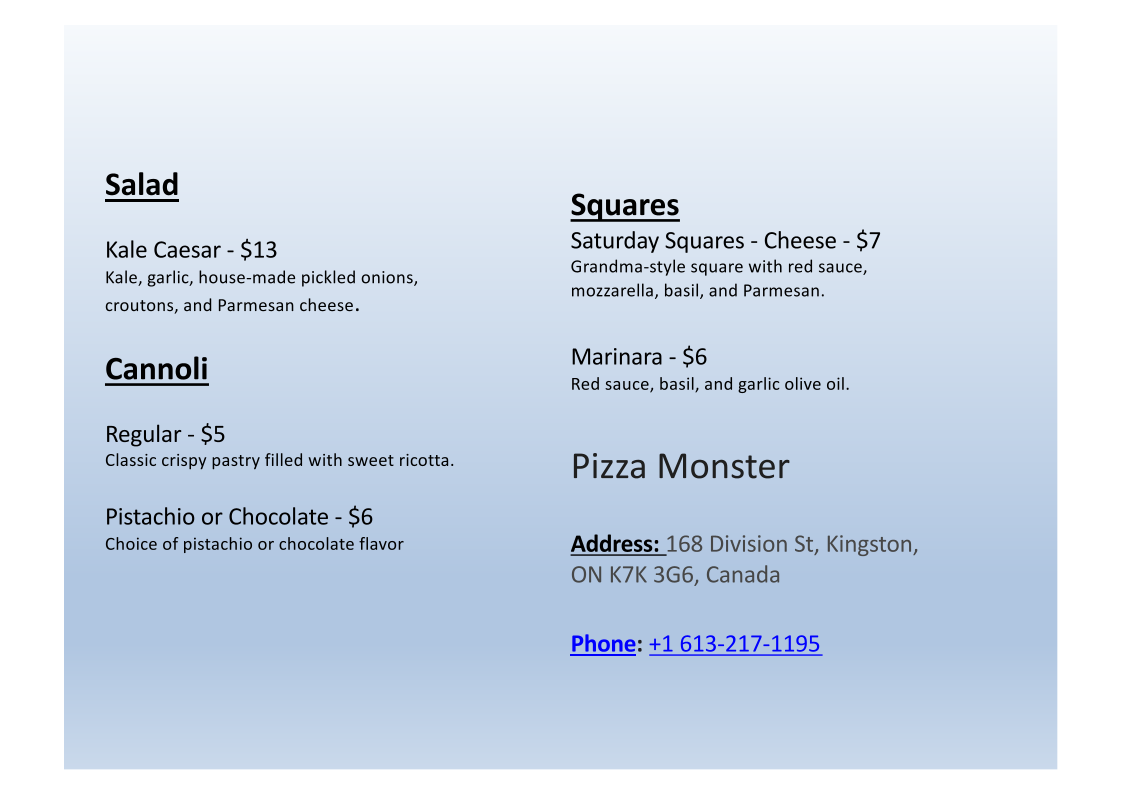 Pizza Monster Menu