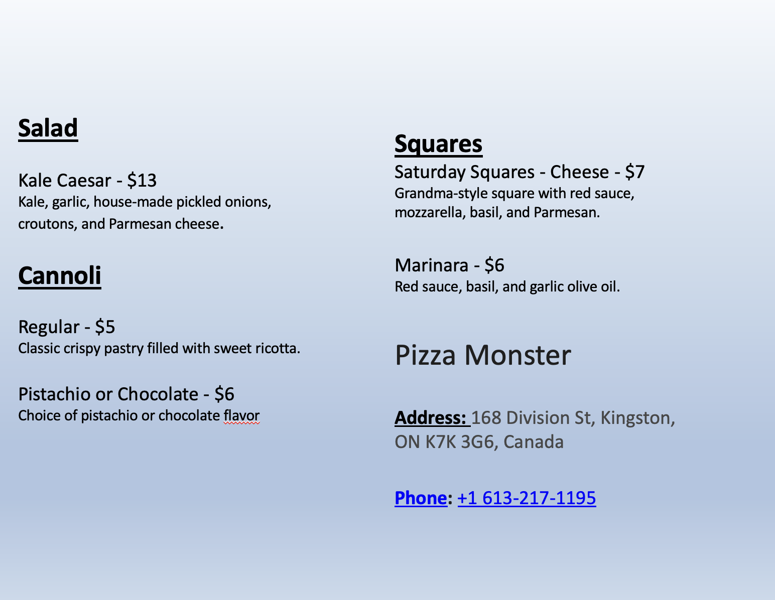 Pizza Monster Menu