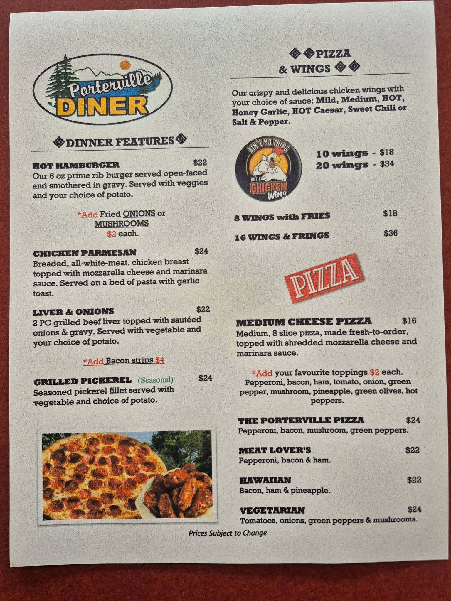 Porterville Diner Menu