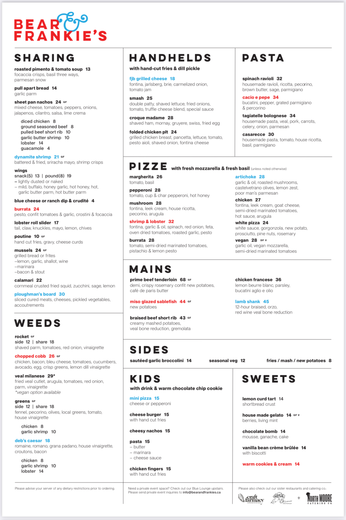 Bear & Frankie’s Menu