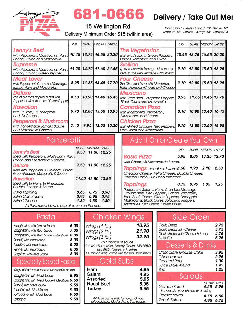 Lenny's Pizza Menu