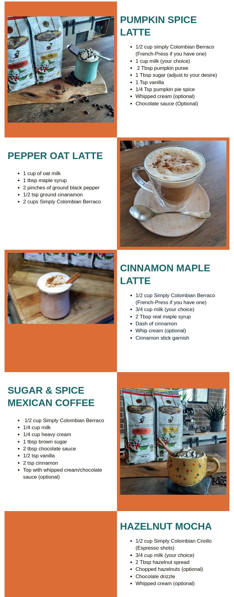 Simply Colombian Coffee Menu