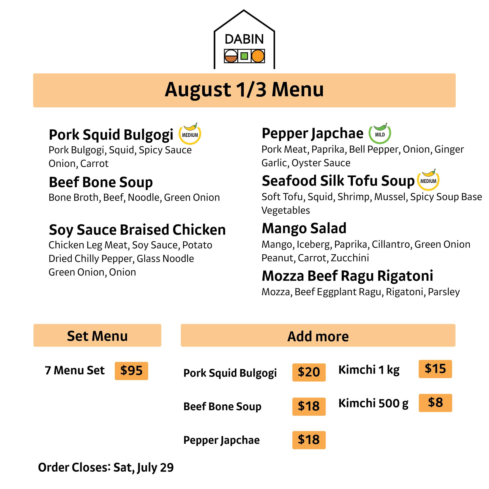 Dabin MealKit Menu