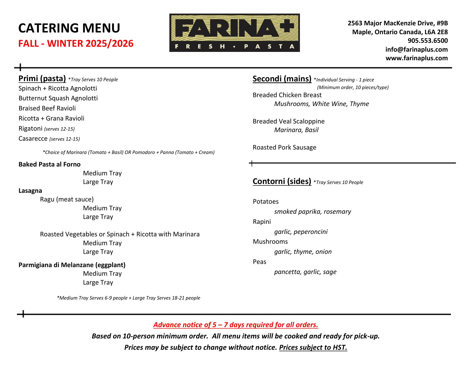 Farina Plus Inc. Menu