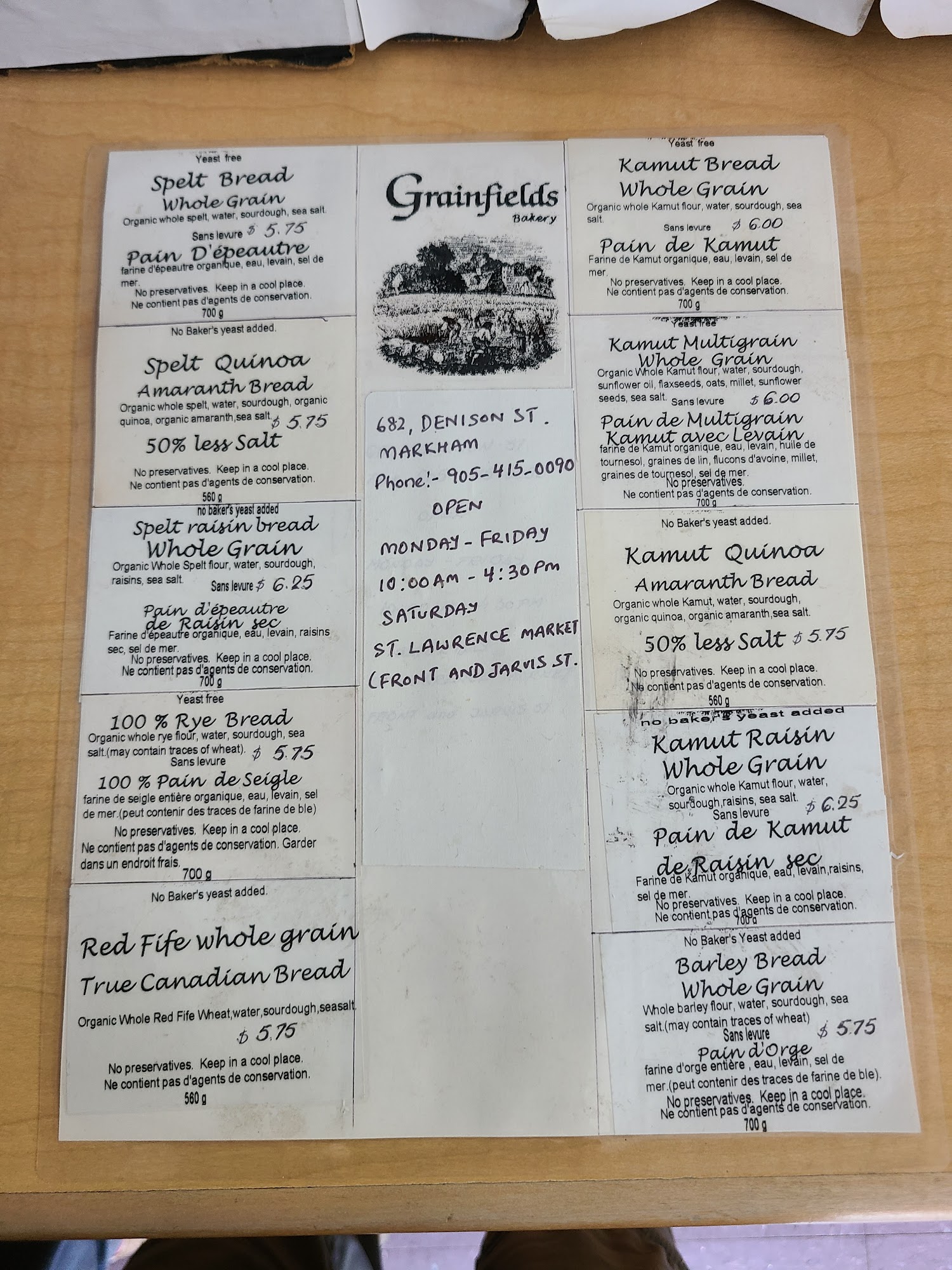 Grainfields Bakery Menu
