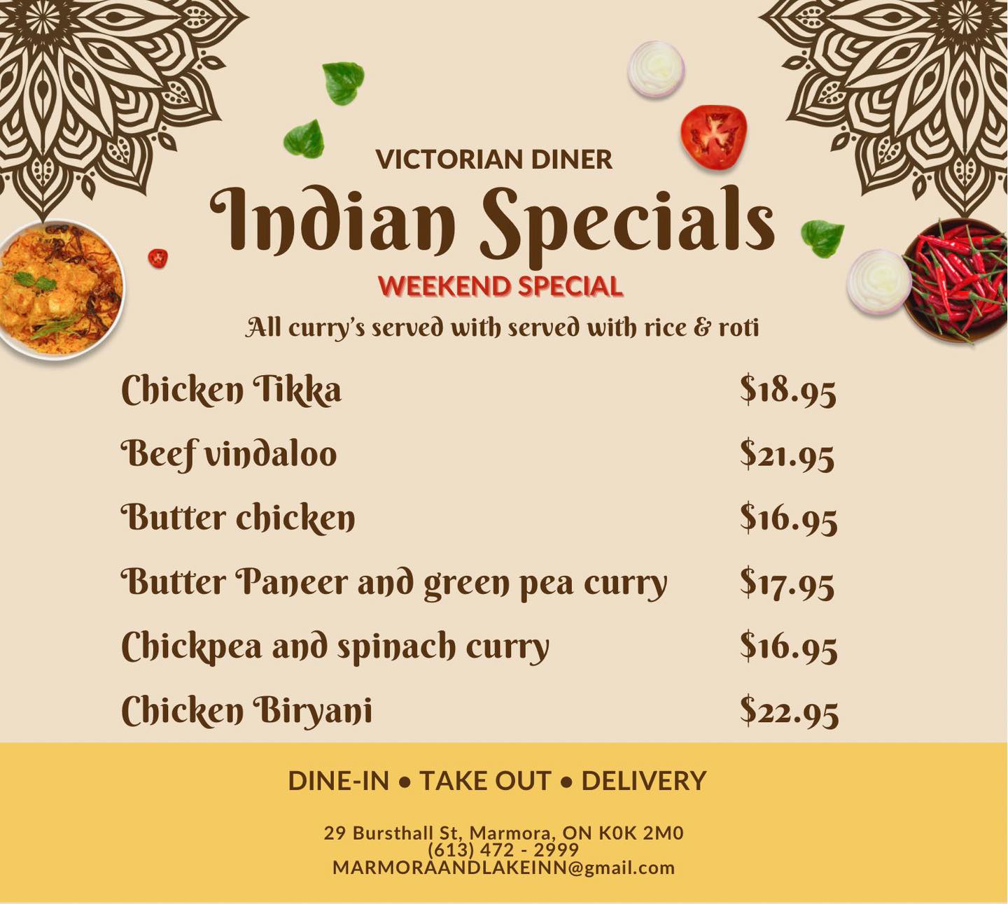 Marmora and Lake Inn B & B/ The Victorian Diner Menu