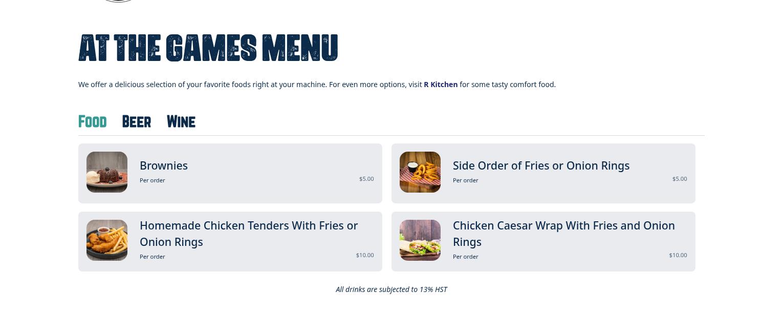 Rama Gaming House - Mississauga Menu