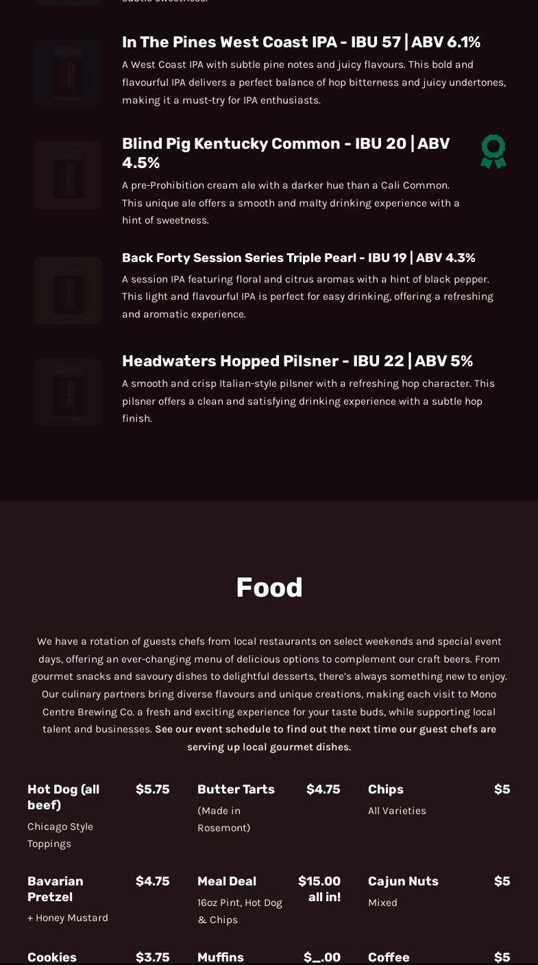 Mono Centre Brewing Co. Menu