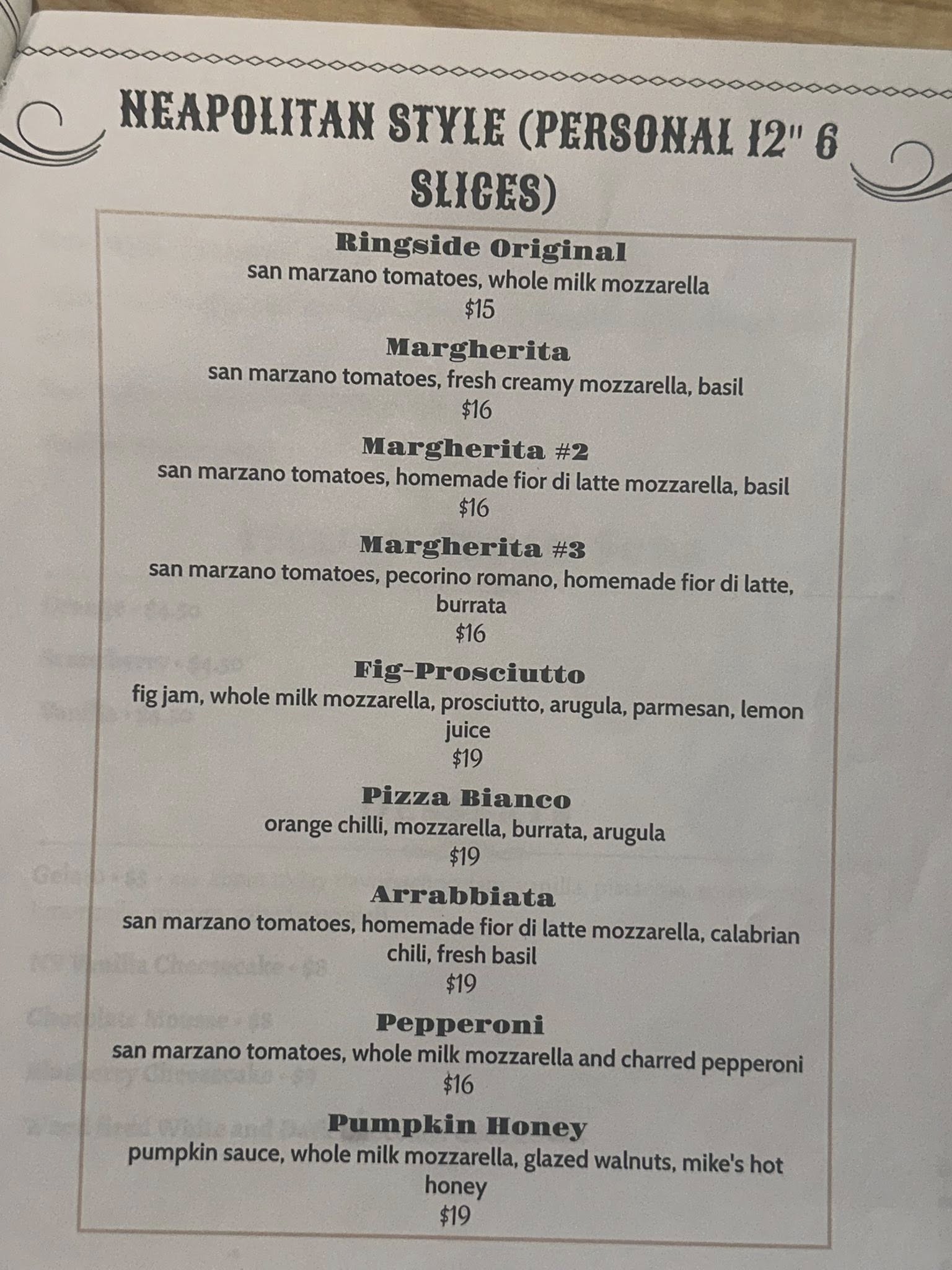 Ringside Bar & Eatery Menu