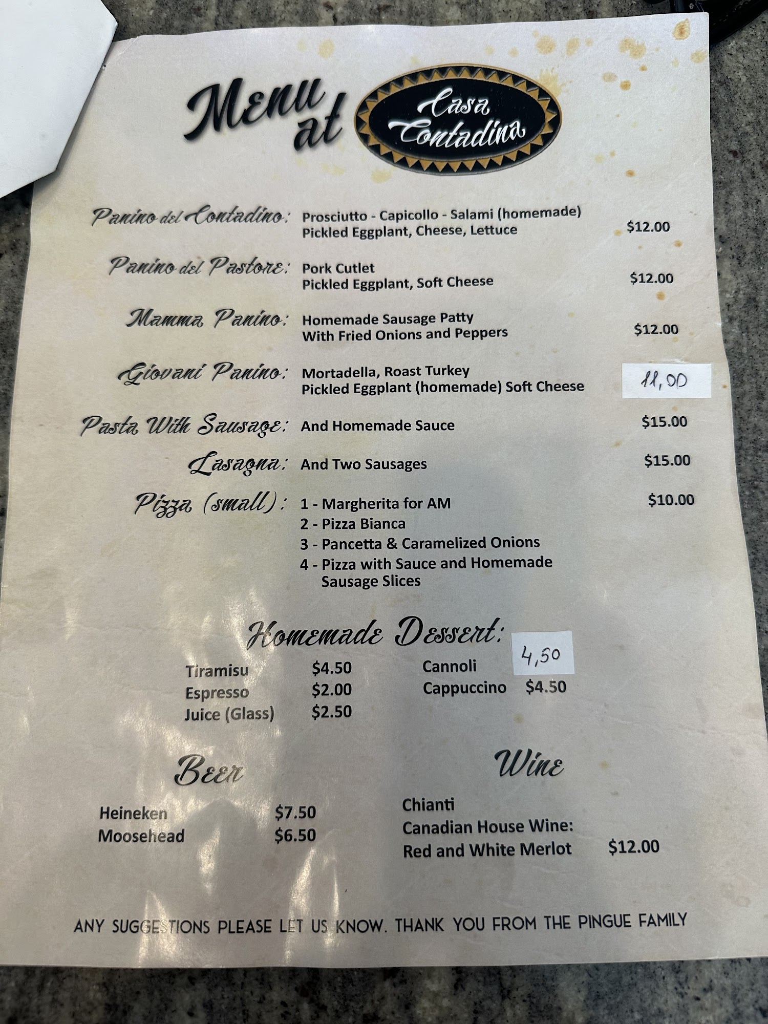 Casa Contadina Menu