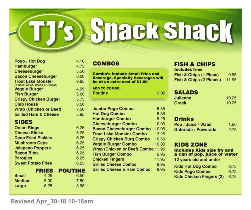 TJ's Snack Shop Menu