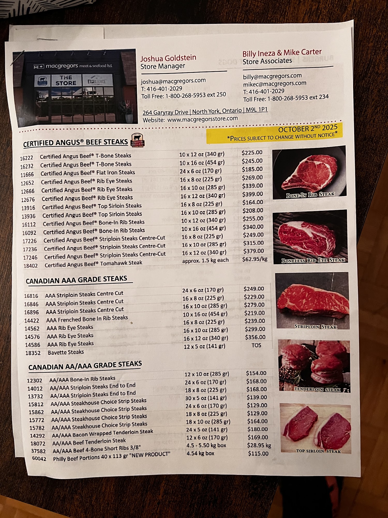 Macgregors Meat & Seafood Ltd. Menu