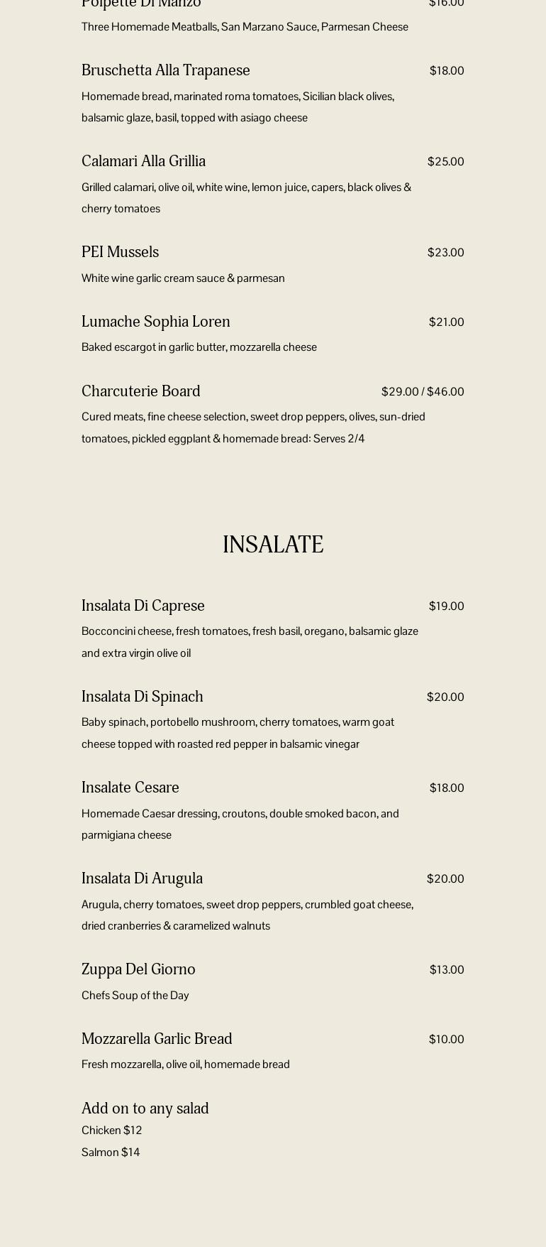 Nina's Fornetto Menu