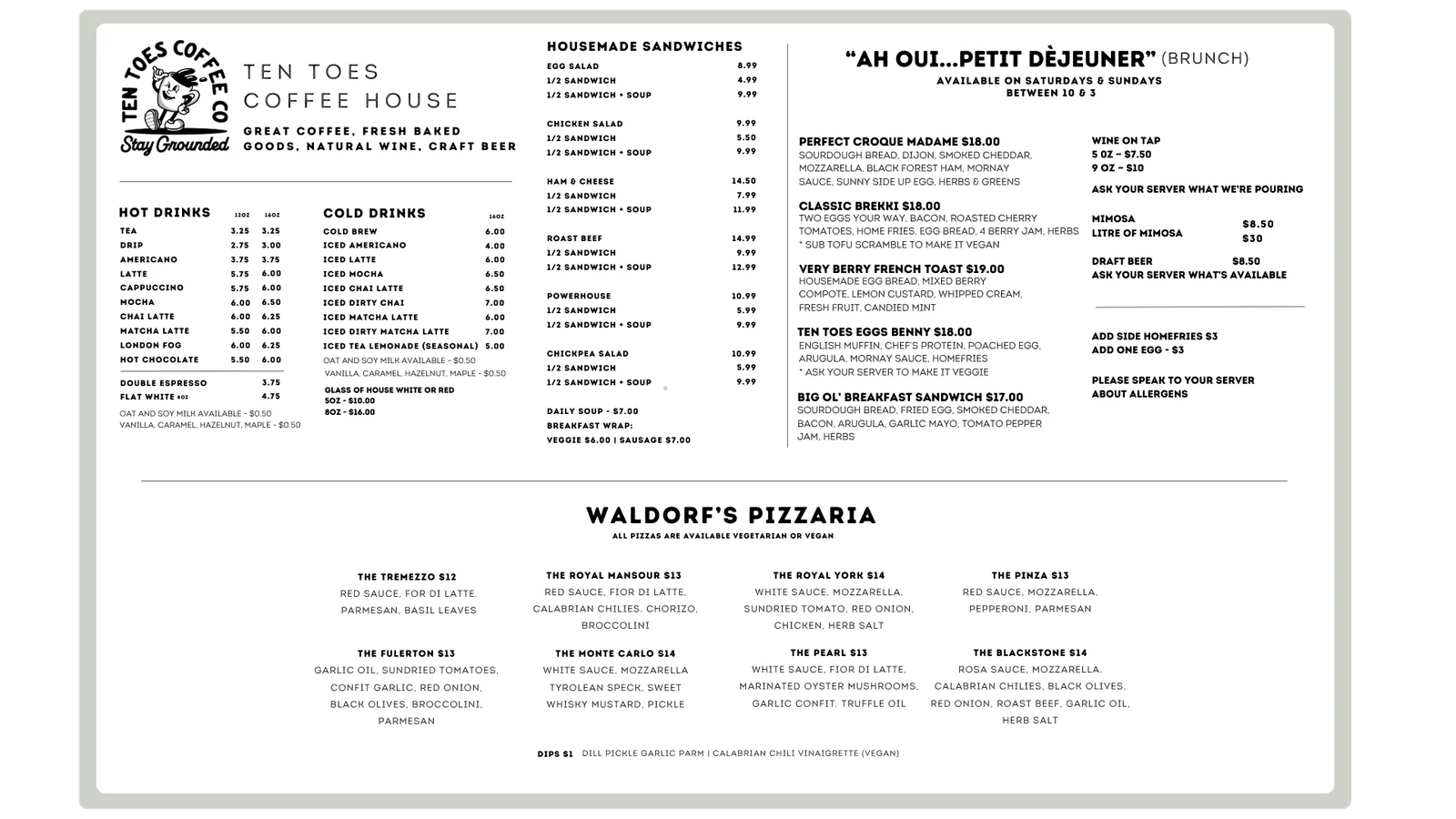 Ten Toes Coffee House Menu