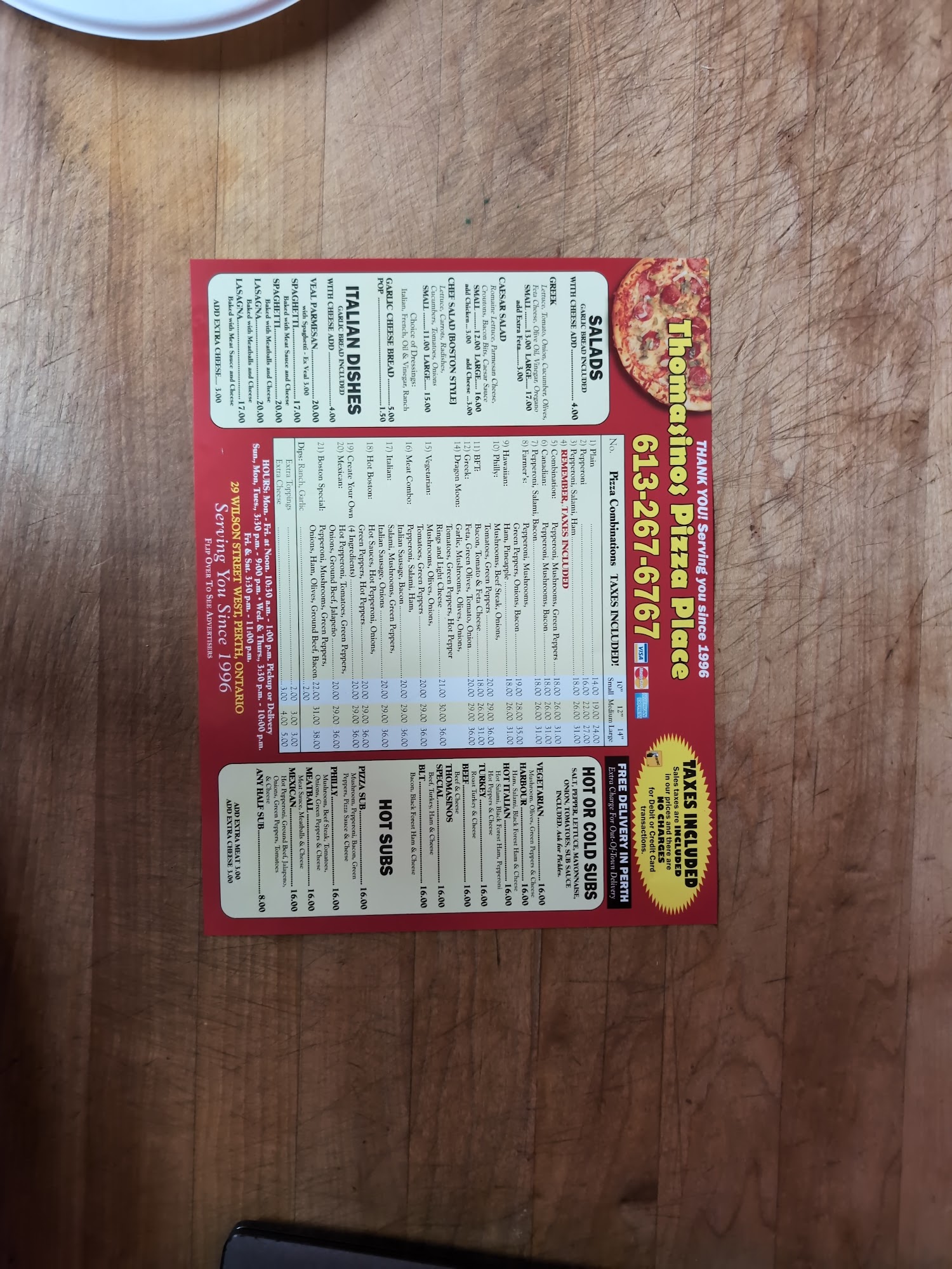 Pizza Place Thomasino's Menu