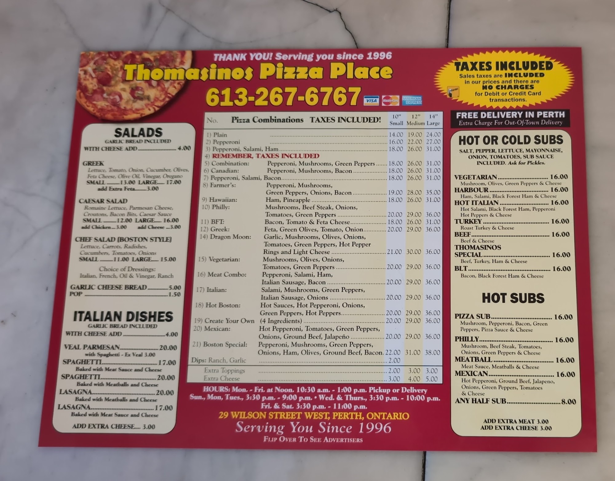 Pizza Place Thomasino's Menu