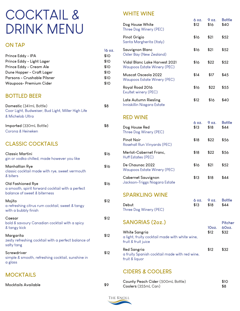 Restaurant on the knoll Menu