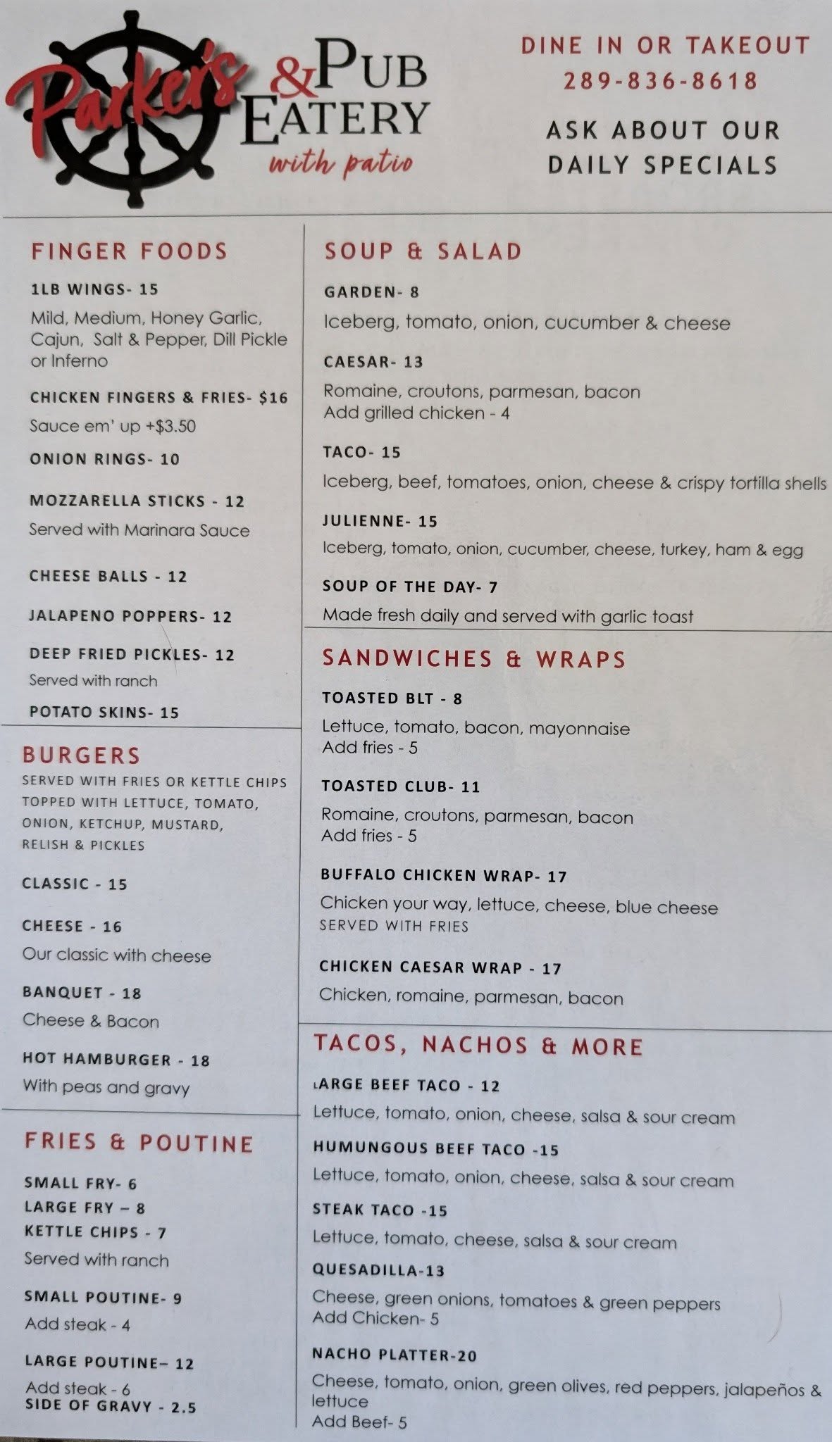 Parkers Pub & Eatery Menu