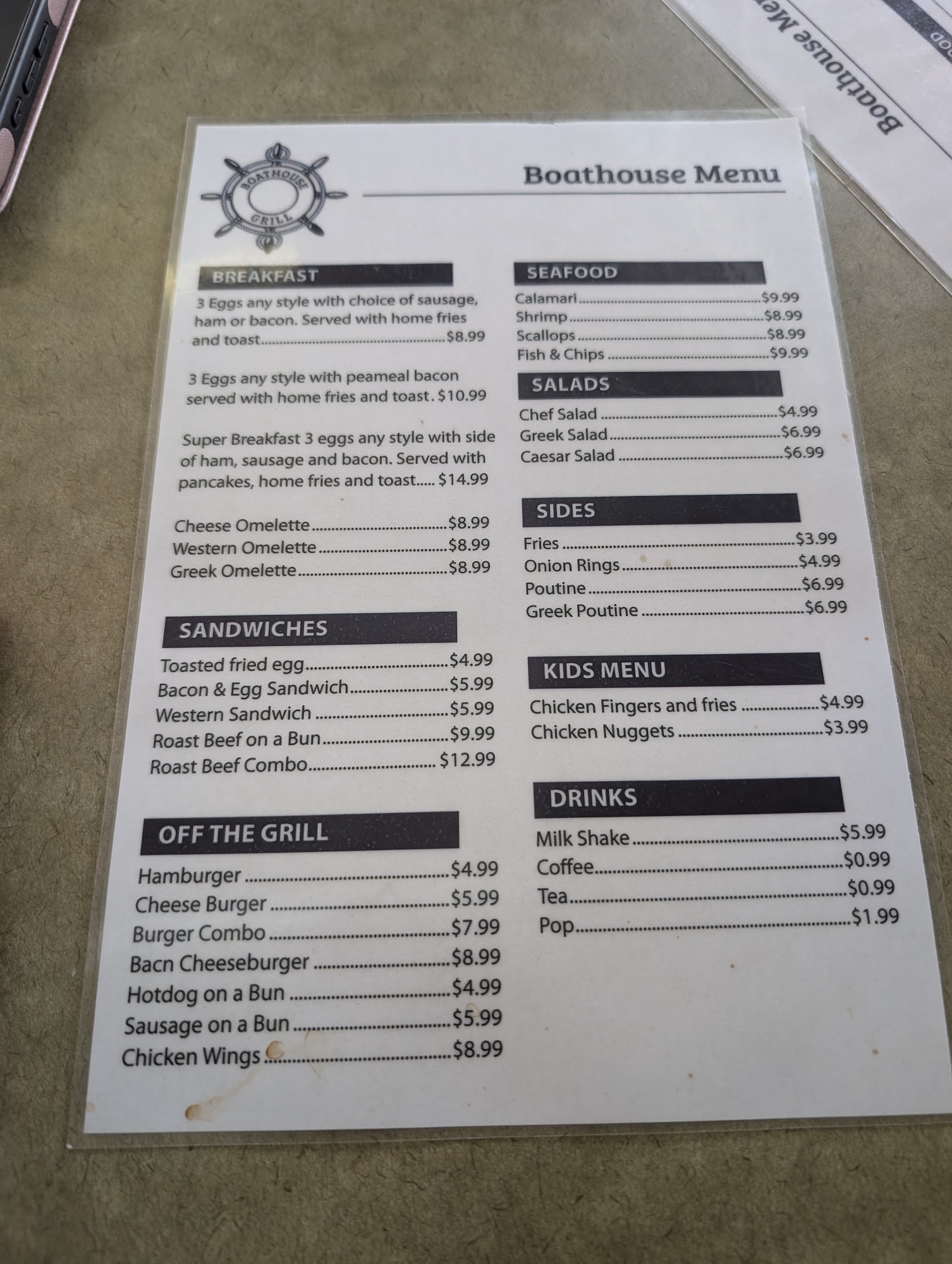 BOATHOUSE GRILL Menu
