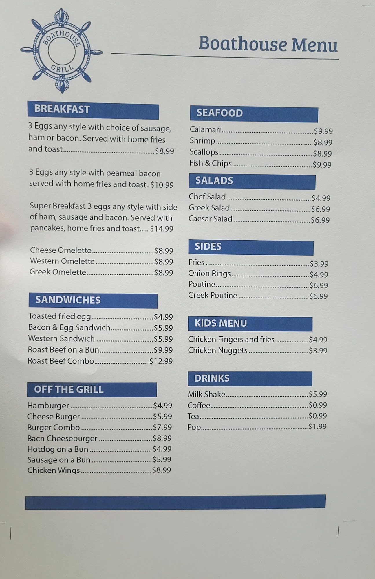 BOATHOUSE GRILL Menu