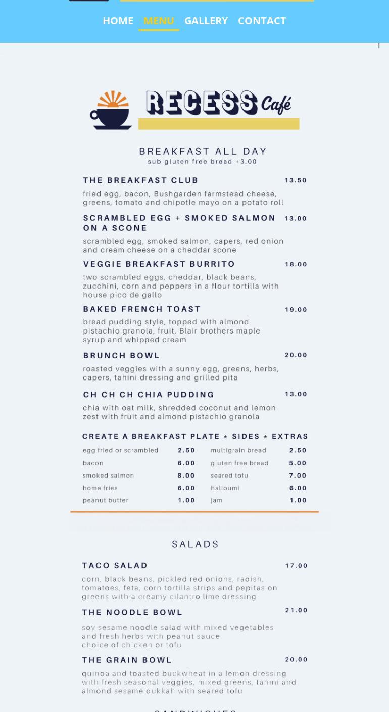 Recess Café Menu
