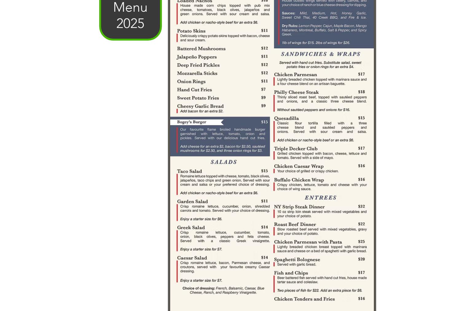 Sauble Golf & Country Club Menu