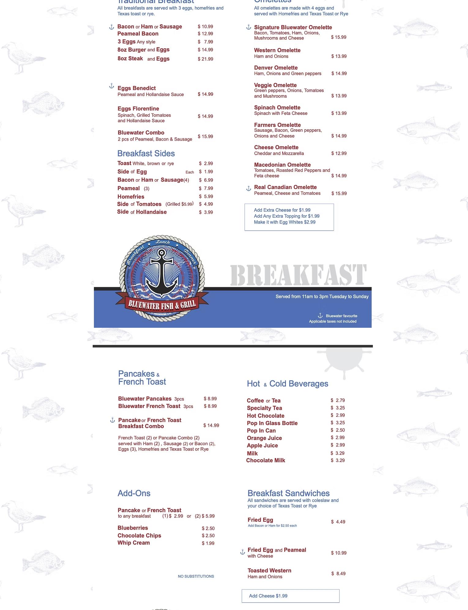 Bluewater Fish & Grill Menu