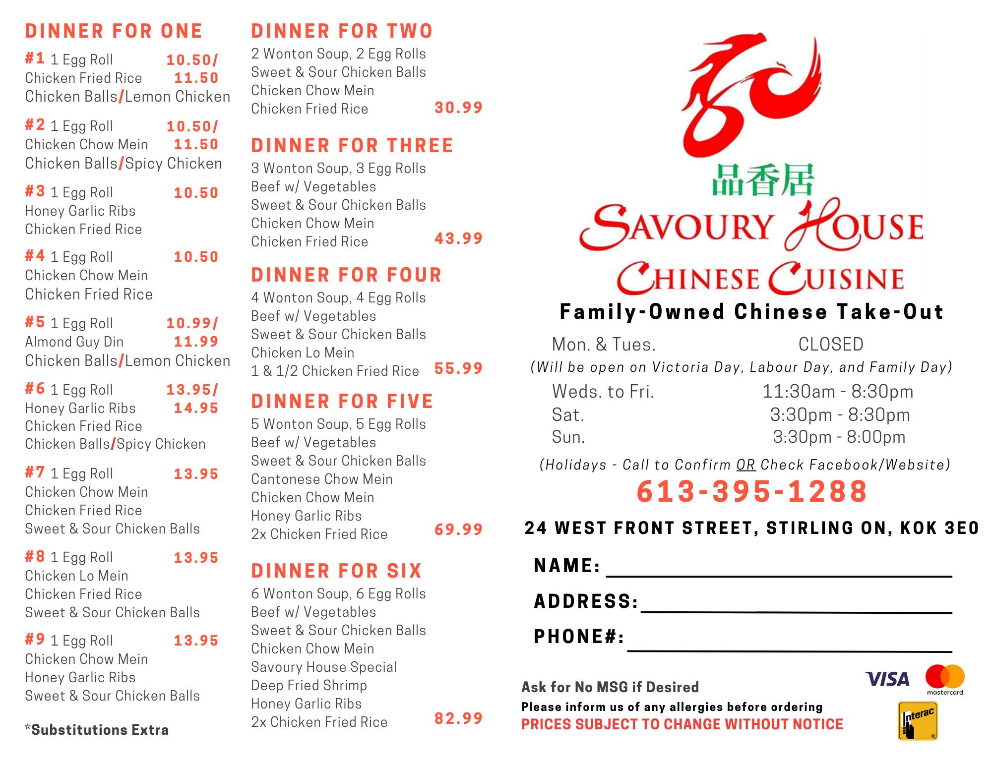 Savoury House Chinese Cuisine Menu