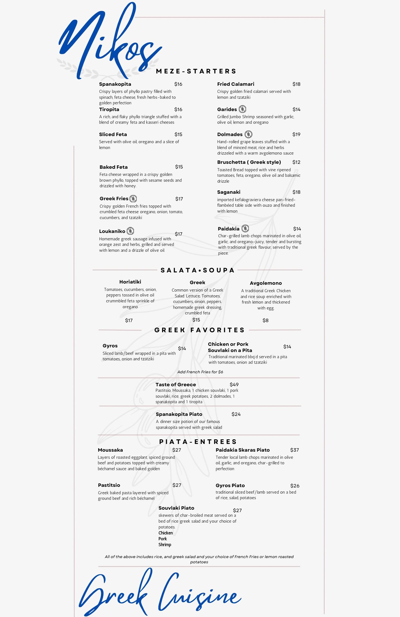 Nikos Restaurant Menu