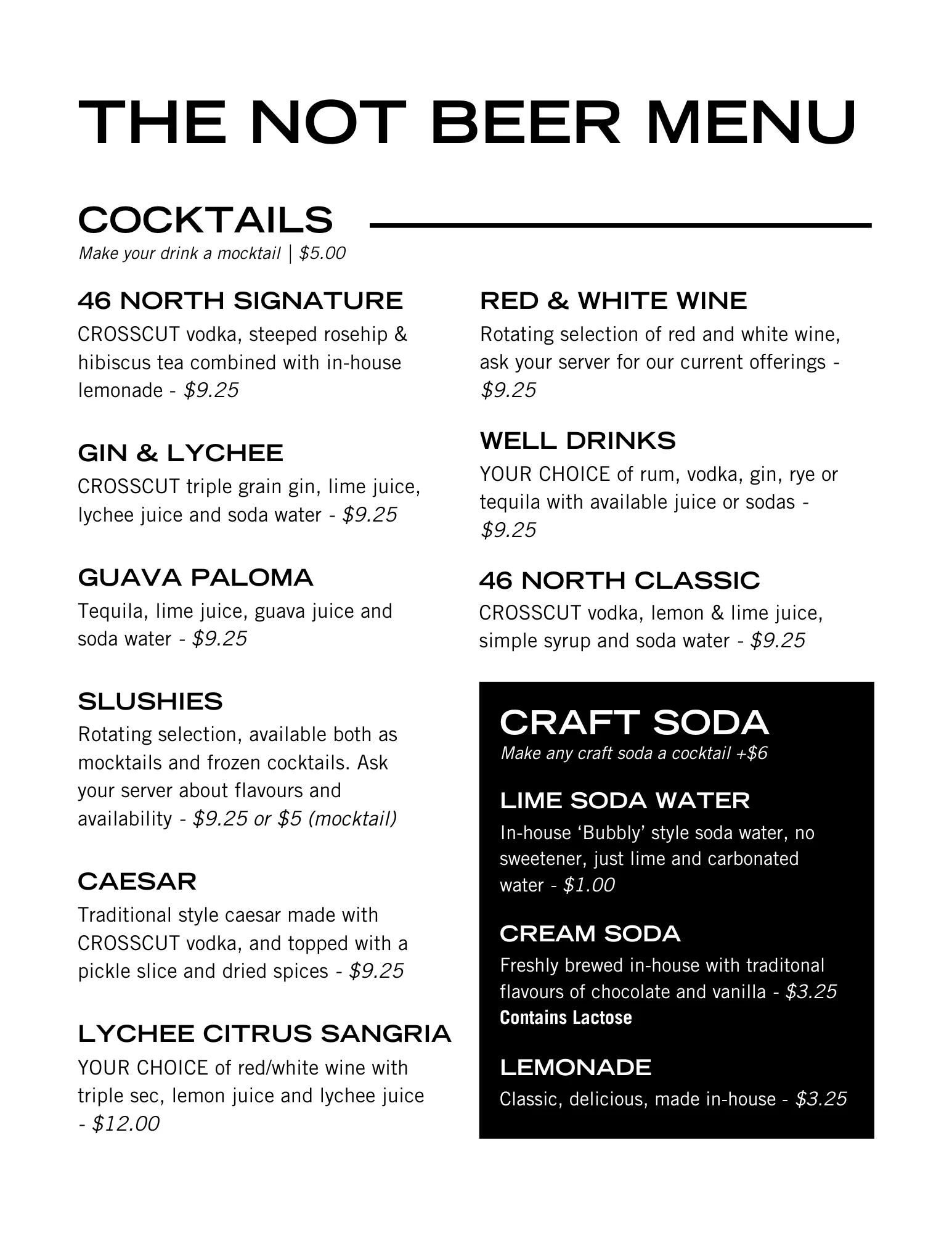 46 North Brewing Corp. Menu