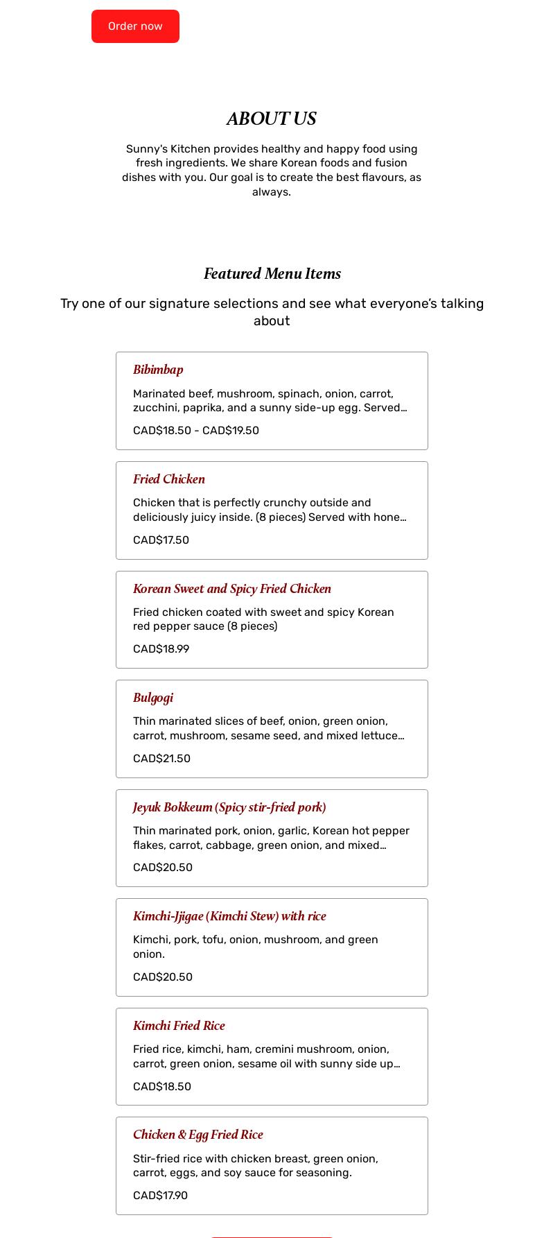 Sunny's Kitchen Menu