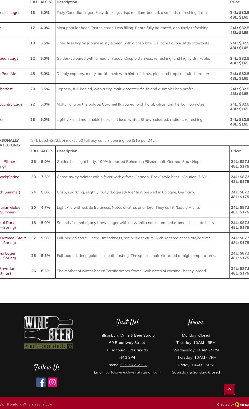 Tillsonburg Wine & Beer Studio Menu