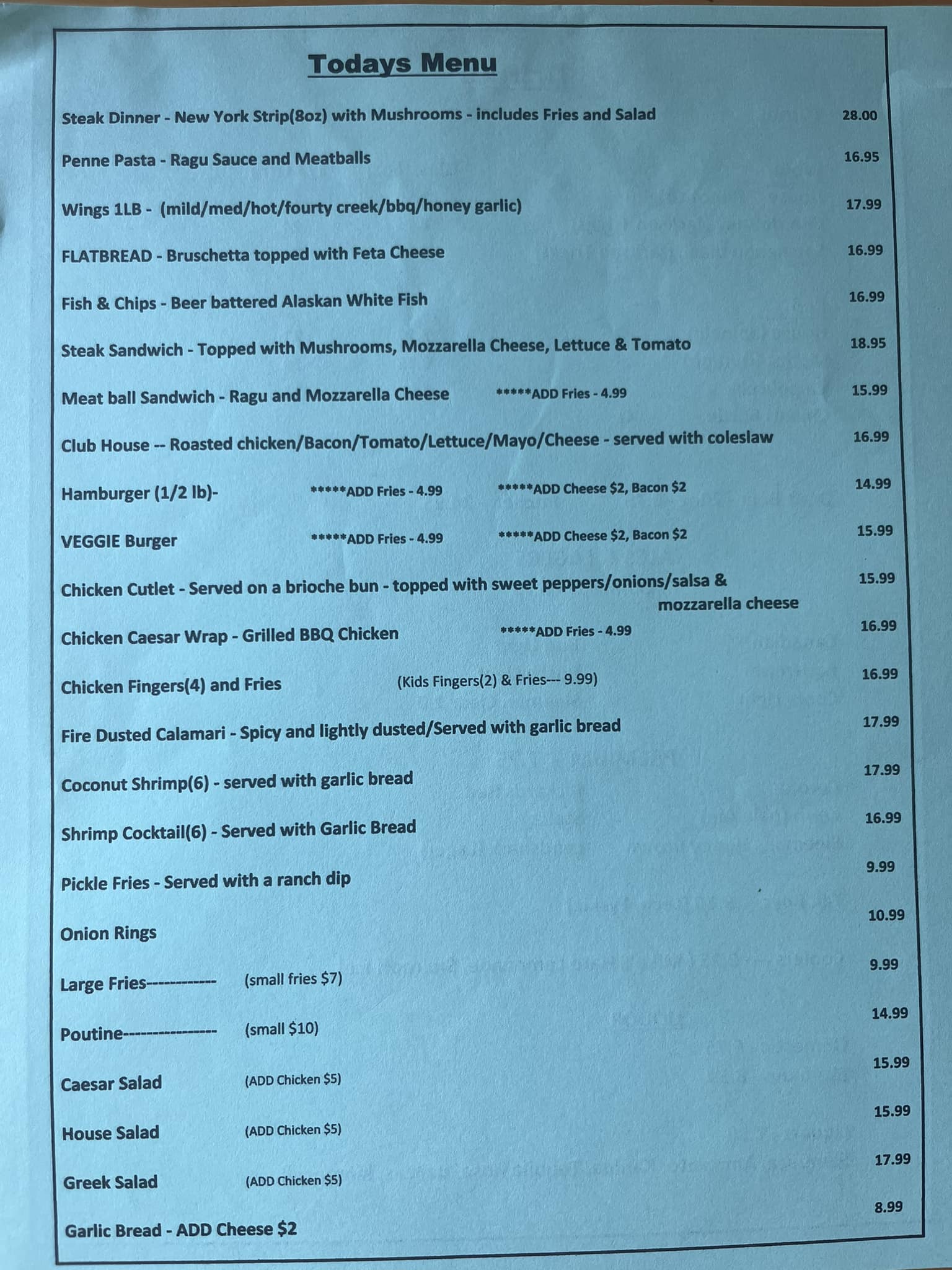 Surf Bar And Grill Menu