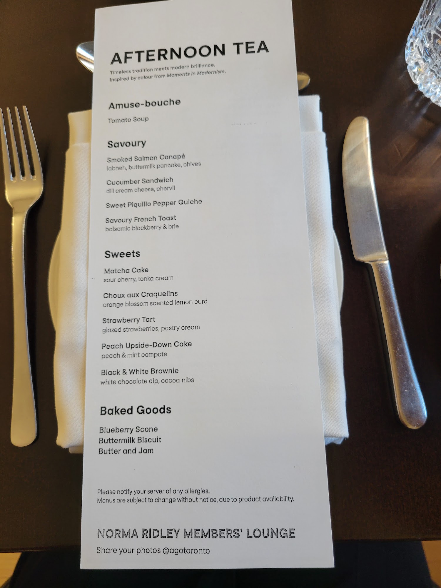 Norma Ridley Members' Lounge Menu