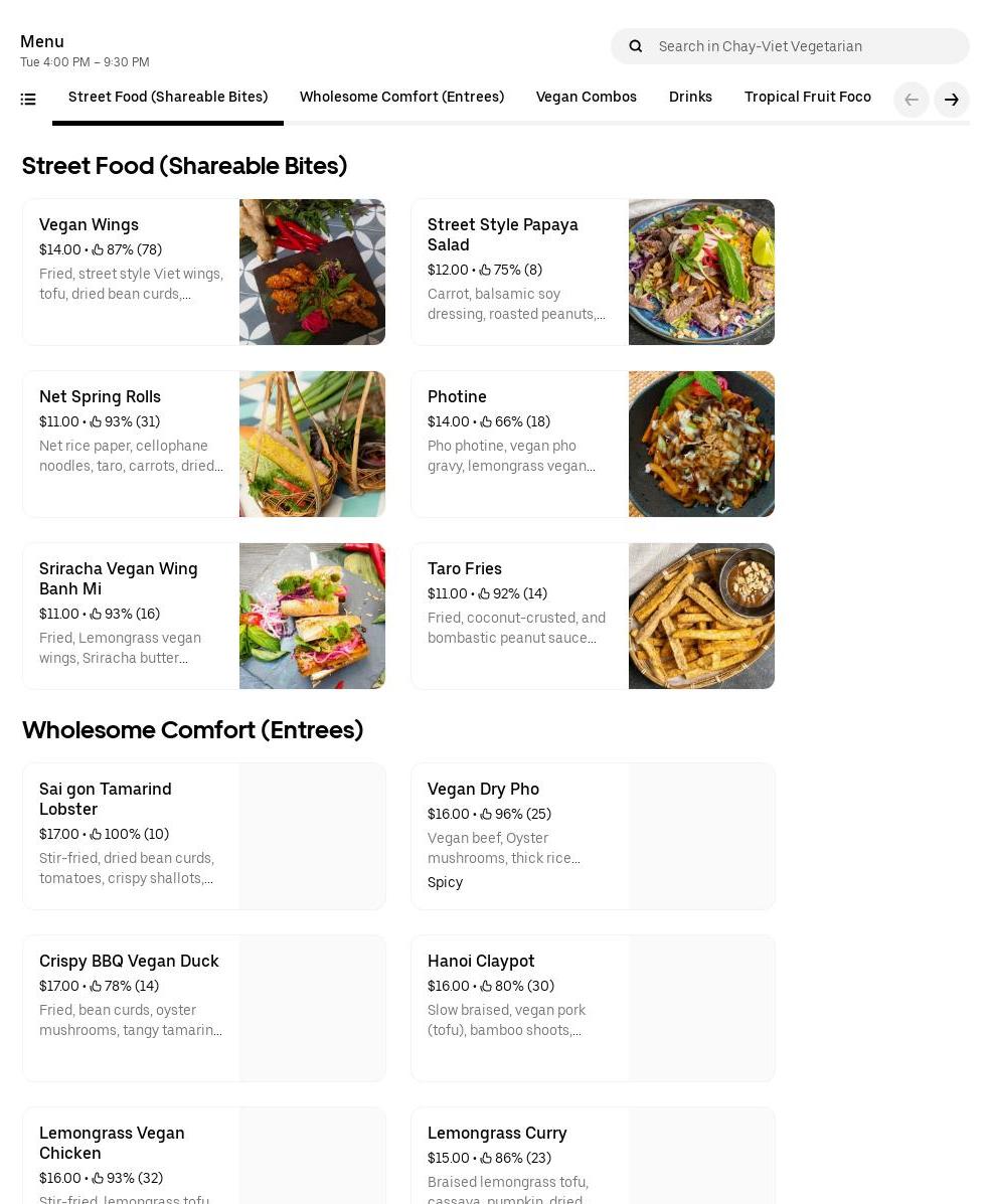 Chay viet vegetarian Menu