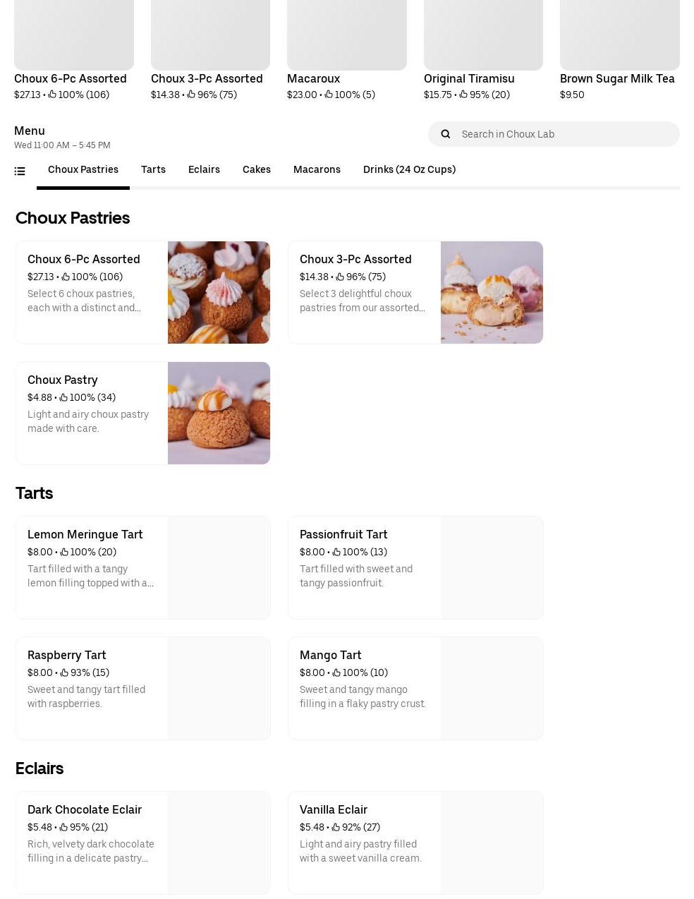 Choux Lab Menu