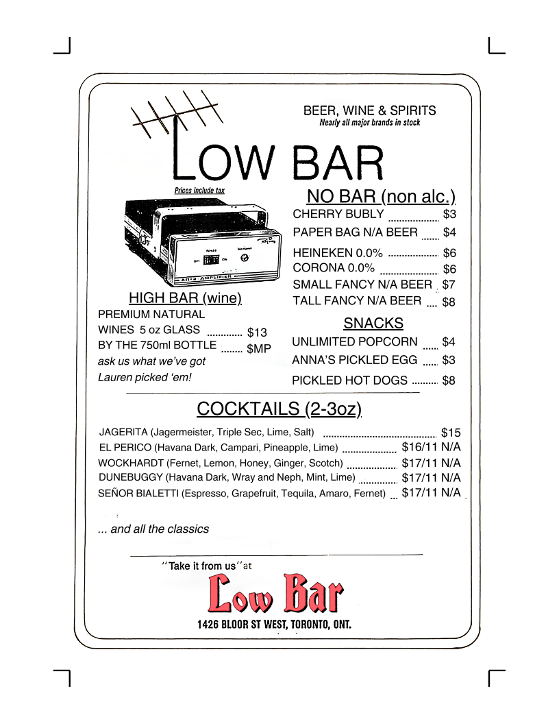 Low Bar Menu