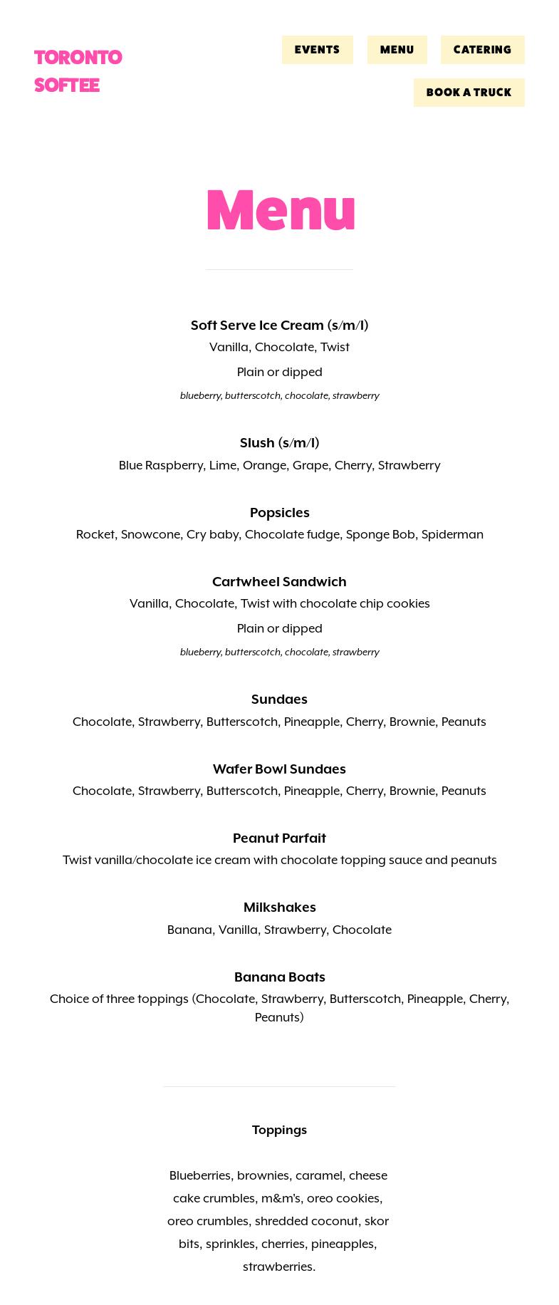 Toronto Softee / Ice Cream Truck Rental Menu