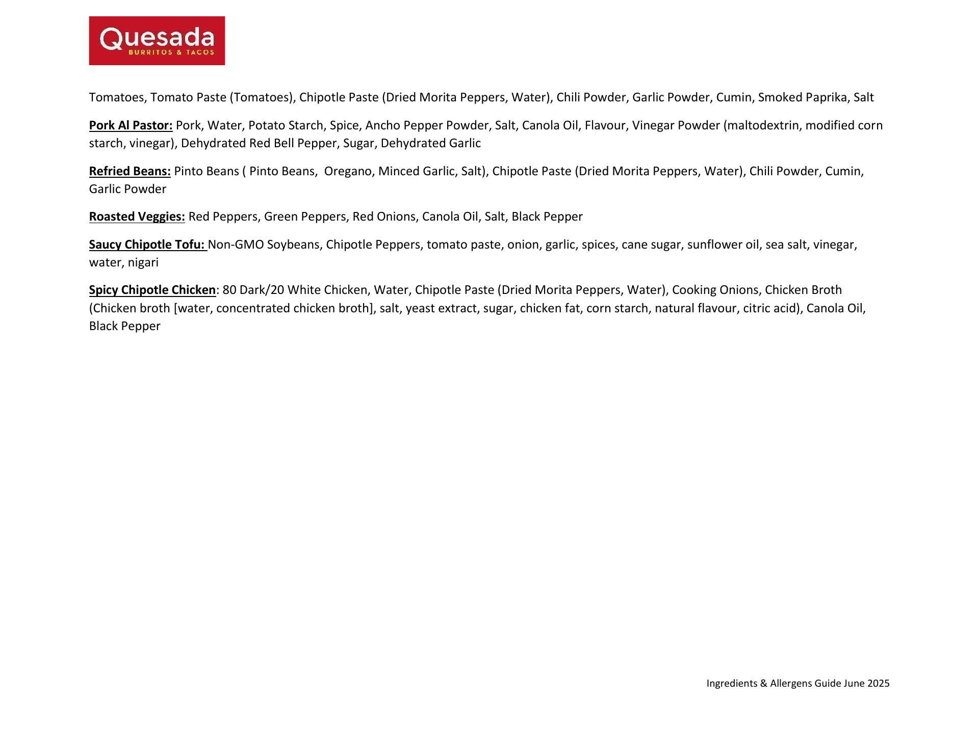 Quesada Burritos & Tacos Menu