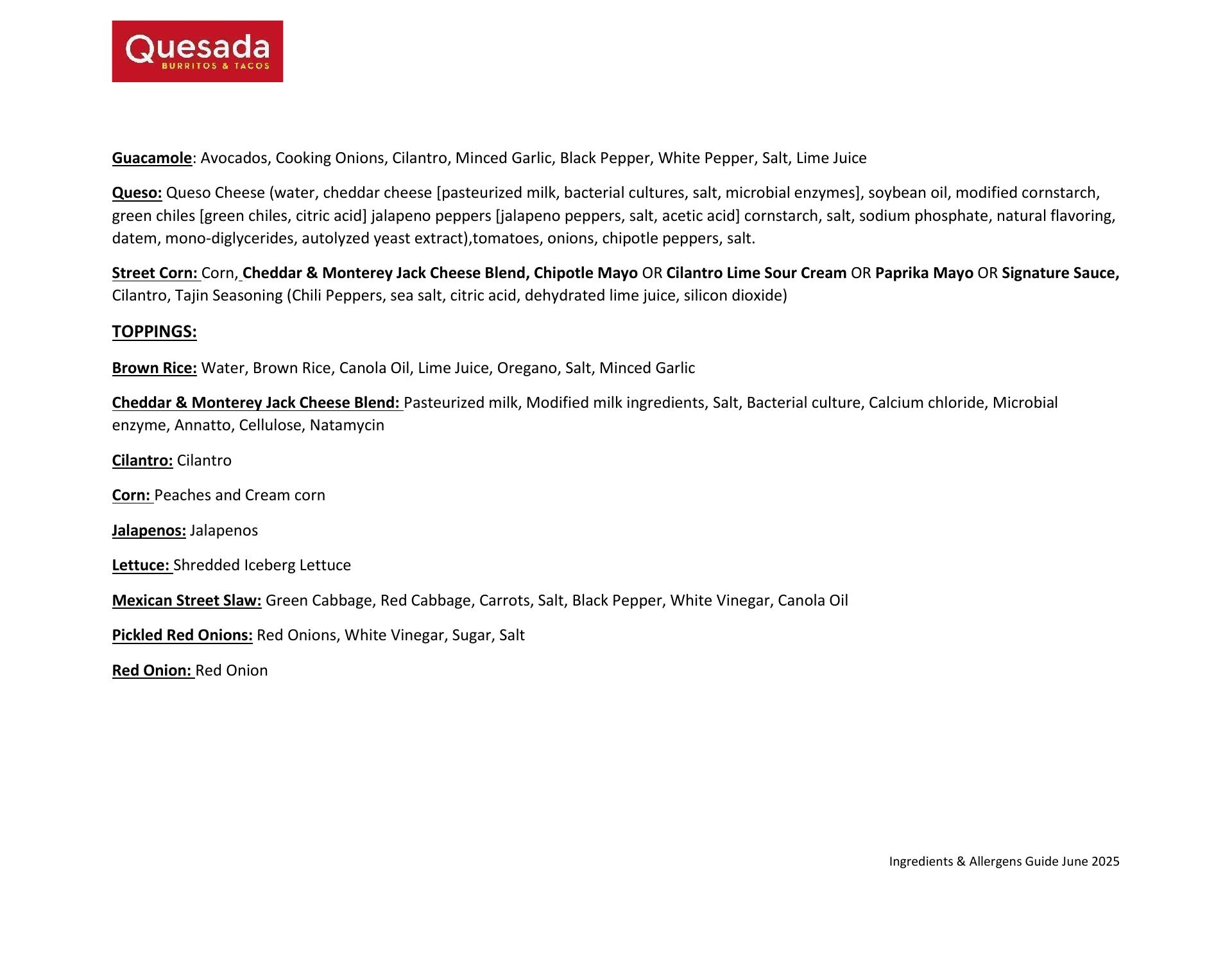 Quesada Burritos & Tacos Menu